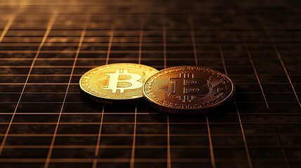 Poster - Bitcoin Coins on Metallic Grid Background