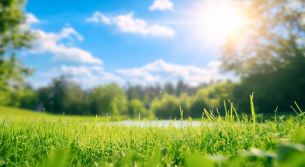 Wall Mural - natural spring grass field background with blurred bokeh and sun rays