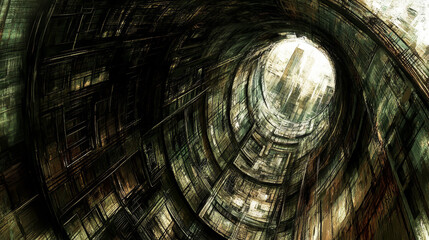 Poster - A spiral tunnel with a city in the background