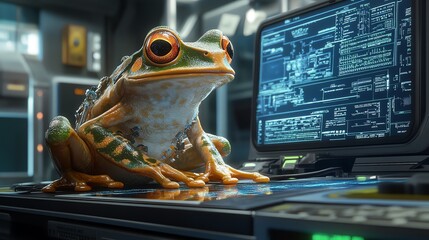 Fototapete - A green frog with orange eyes sits on a computer desk in a futuristic lab with a computer screen in the background.