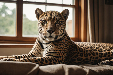 Wall Mural - a large jaguar lays on a bed, looking directly at the camera with a serious expression