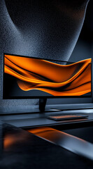 Poster - A modern desktop computer with an orange abstract design displayed on the screen sits on a sleek, black desk with a keyboard