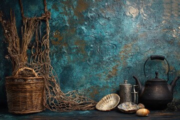 Rustic coastal background with fishing net, teapot, shells, and wicker basket.