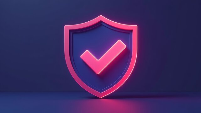Stylized 3D check mark icon inside a shield in neon colors.
