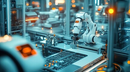 Poster - Robotic Arm Assembling a Product on a Conveyor Belt in a Modern Factory