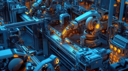 Poster - Futuristic Automated Factory with Robotic Arms and Conveyor Belts