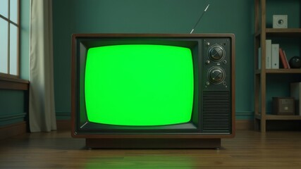 old retro tv with green screen stands in the room of the house