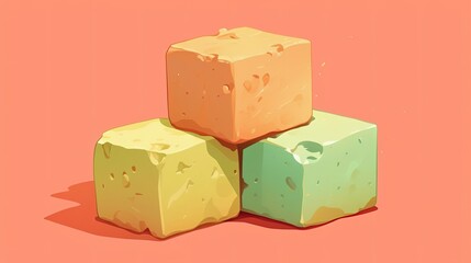 Poster - Three Colorful Cubes Stacked on a Coral Background