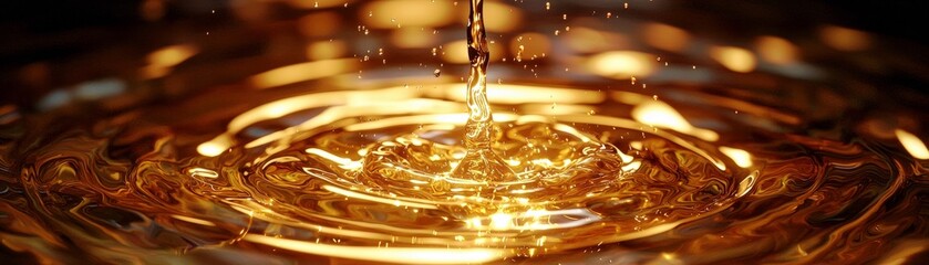 Poster - Close-up of Liquid Droplet Creating Ripples in Golden Water Surface with Sparkling Effects Under Soft Lighting, Evoking Tranquility and Elegance in Nature