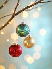 Poster - Brightly colored ornaments dangle from a branch, illuminated by soft fairy lights, creating a joyful holiday ambiance. Generative AI