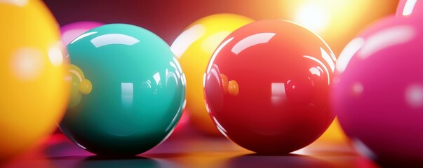 Poster - Bright and Colorful Glossy Spheres on a Dark Background Creating a Dynamic and Playful Atmosphere with Light Reflections and Shadows