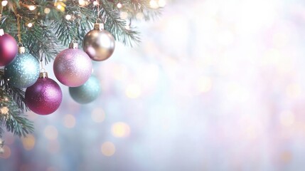 Poster - Brightly colored Christmas ornaments dangle from a beautiful evergreen tree, adding festive cheer amidst gentle sparkling lights. Generative AI