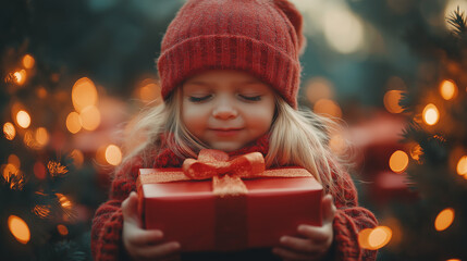 Wall Mural - Excited girl opens gift box from Santa Claus, happy childhood, holiday celebration