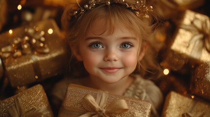 cute baby girl with a gift box by the christmas tree