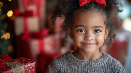 Wall Mural - cute baby girl with a gift box by the christmas tree