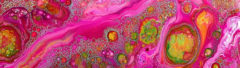 Poster - Vibrant Pink Abstract Art with Colorful Swirls and Bubbles Creating a Captivating Visual Experience for Home Decor or Artistic Projects