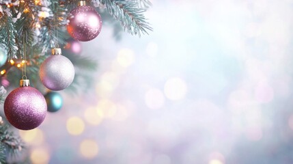 Poster - Ornaments in vibrant colors dangle from a Christmas tree, creating a joyful atmosphere enhanced by twinkling lights. Generative AI