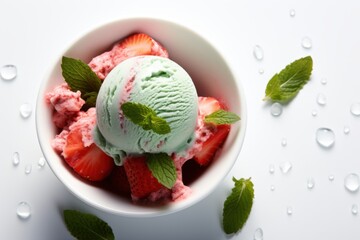 Wall Mural - National Ice Cream for Breakfast Day Refreshing mint ice cream with fresh strawberries and mint leaves on a white background