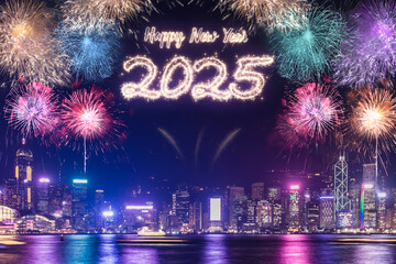 Poster - Happy new year 2025 firework over cityscape building near sea at night time celebration