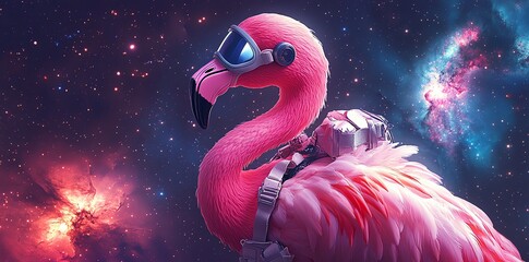 Poster - A pink flamingo astronaut in space with a starry background.