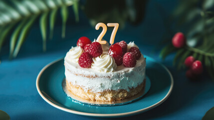 Wall Mural - Celebration cake with raspberries and a 27th birthday candle