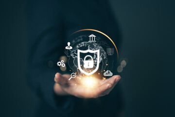 Fototapete - Cyber ​​security protection concept, personal data protection and financial transaction protection. Security lock technology protects personal information on smartphones..