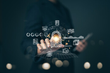 Fototapete - Cyber ​​security protection concept, personal data protection and financial transaction protection. Security lock technology protects personal information on smartphones..