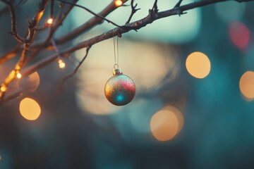 Aufkleber - A colorful Christmas ornament dangles from a tree branch, surrounded by soft, twinkling lights, creating a joyful holiday ambiance. Generative AI