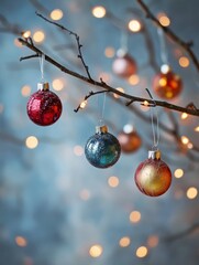 Poster - Colorful Christmas ornaments are elegantly displayed on a tree branch, illuminated by soft twinkling lights for a cheerful ambiance. Generative AI