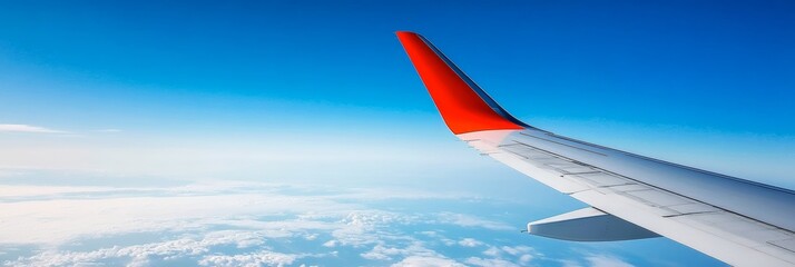 Aufkleber - Airplane wing soaring through a vibrant blue sky, offering a captivating view of the fluffy clouds below, evoking a sense of freedom and adventure