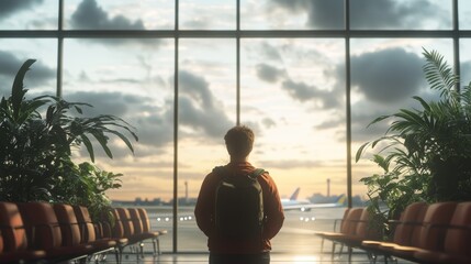 Aufkleber - Traveler waits in an airport terminal, looking at a plane taking off at sunset, feeling wanderlust and excitement for a journey