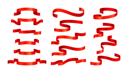 Wall Mural - set of realistic waved red silk ribbons isolated on a white background. design element for greeting 