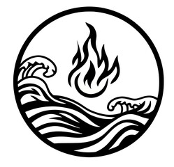 Sticker - A black and white image of a fire with a wave in the background