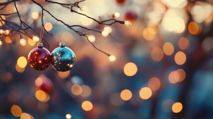 Aufkleber - Brightly colored ornaments dangle from branches, surrounded by twinkling lights, creating a cheerful ambiance for the holidays. Generative AI