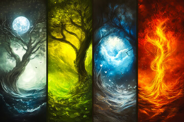 Poster - Four different colored trees with a moon in the background