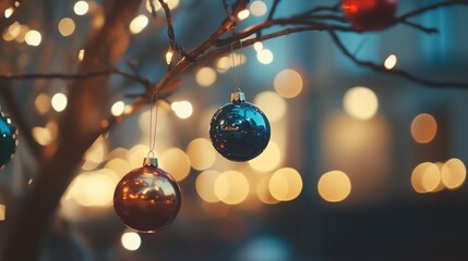 Poster - Vibrant ornaments dangle from the branches of a tree, surrounded by glimmering lights that create a warm holiday ambiance. Generative AI