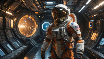 Wall Mural - an astronaut stands in a spaceship corridor, looking towards the open hatch and the vast expanse of 