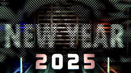 Poster - abstract 3d animation of the technological process of resizing hexagons and new year's text. looping