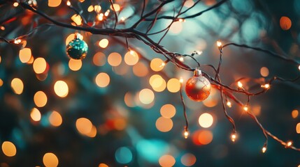 Poster - Brightly colored ornaments dangle from branches, illuminated by warm lights, creating a joyful holiday atmosphere in winter. Generative AI