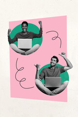 Poster - Vertical photo collage of two happy black girl white guy surf laptop success cooperation partners isolated on painted background