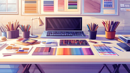 Poster - An artist's workspace with a laptop, color swatches, pencils, and a lamp.