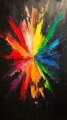 Poster - A vibrant abstract painting with a radial pattern of colors emanating from a central point, resembling an explosion of color on a black background.