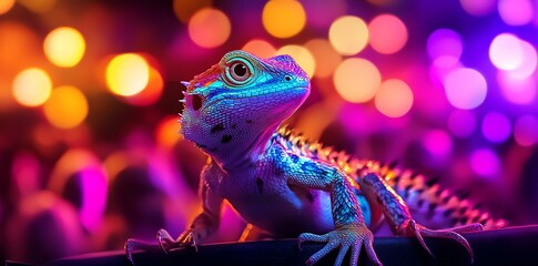 Poster - A vibrant blue lizard with colorful bokeh lights in the background.