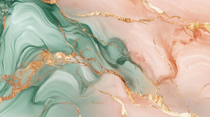 Poster - A vibrant abstract design showcasing swirling colors of green and pink with gold accents, ideal for artistic and decorative purposes in modern design.