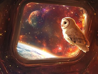 Poster - A white owl looks out of a spaceship window at a distant planet and nebula.