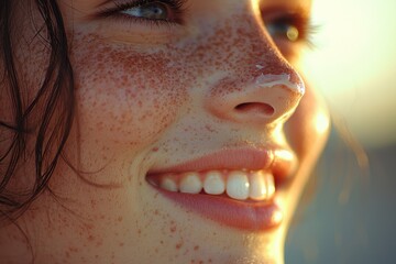 A close-up of a smiling woman with freckles, capturing the warmth of sunlight and her joyful expression.