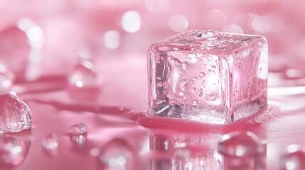 Poster - A close-up of a clear ice cube resting on a pink surface, with droplets of water around it, showcasing a refreshing and vibrant aesthetic for food and drink themes.