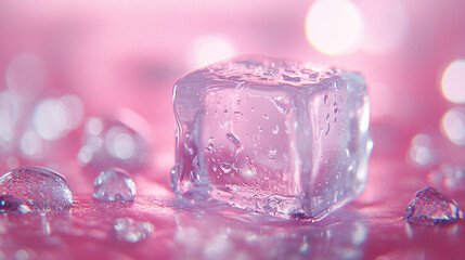 Poster - Another close-up view of a crystal-clear ice cube on a pink background, surrounded by sparkling droplets, emphasizing the cool and refreshing nature of the subject.