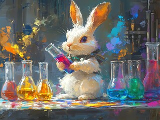 Poster - A white rabbit in a lab coat holds a flask of purple liquid, surrounded by beakers of colorful liquids.