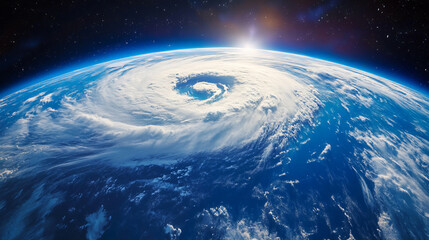 Poster - An aerial view of Earth showing a powerful hurricane swirling over the ocean, with vibrant blue waters and white cloud formations illuminated by sunlight, for nature and scientific context.